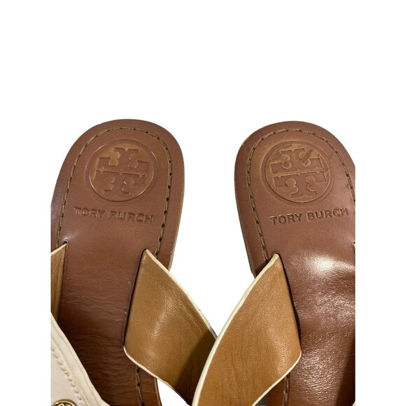 Tory Burch White & Brown Horsebit Leather Thong Sandals Size 6.5M - Picture 3 of 5